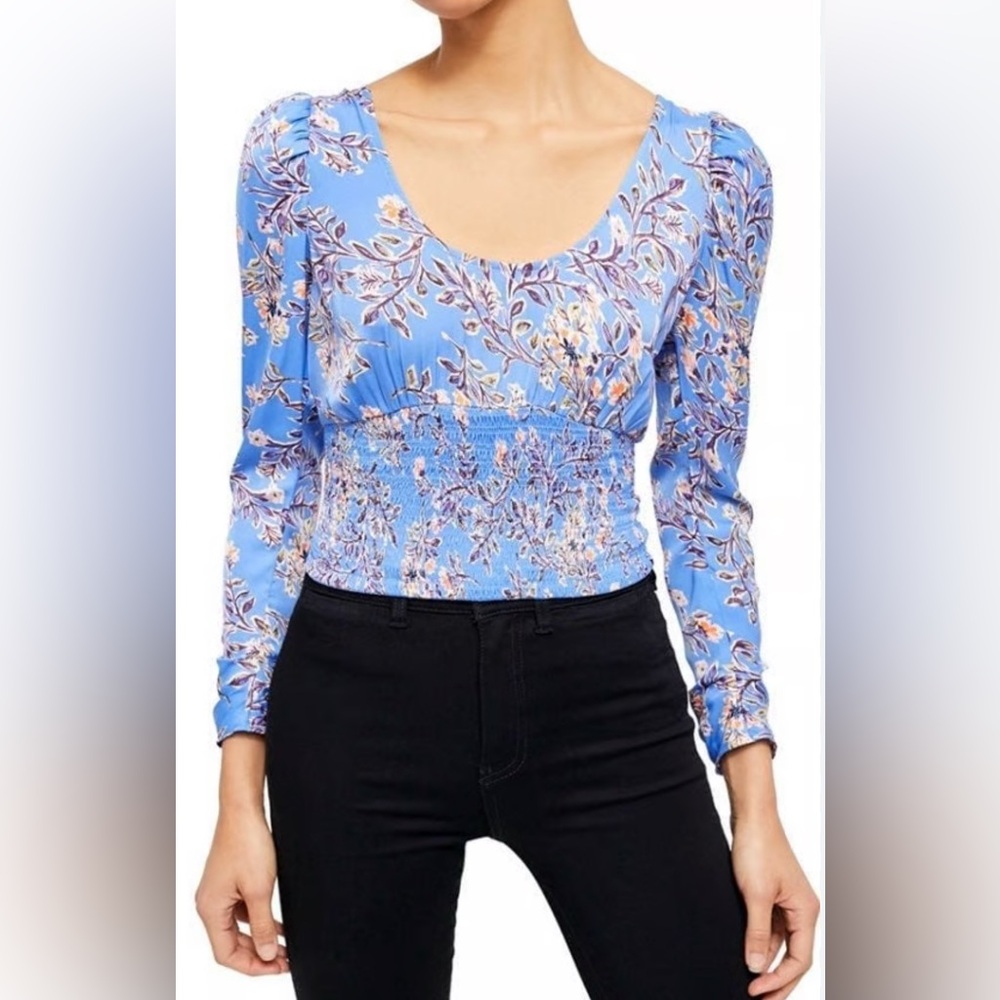Free People Santiaga Blue Floral Smocked Long-Sleeve Top